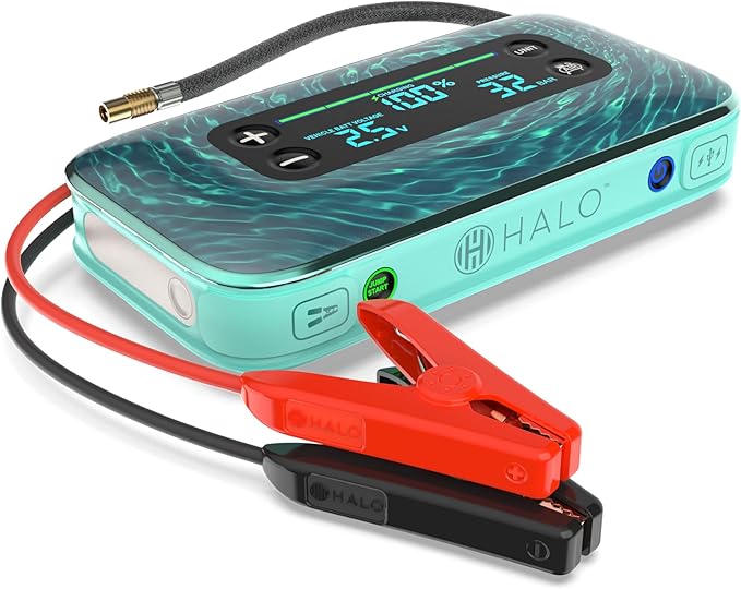 HALO Bolt Air+ 1750 Portable Car Battery Jump Starter | 130 PSI Air Compressor, 59.9Wh USB Power Bank, Large Display,