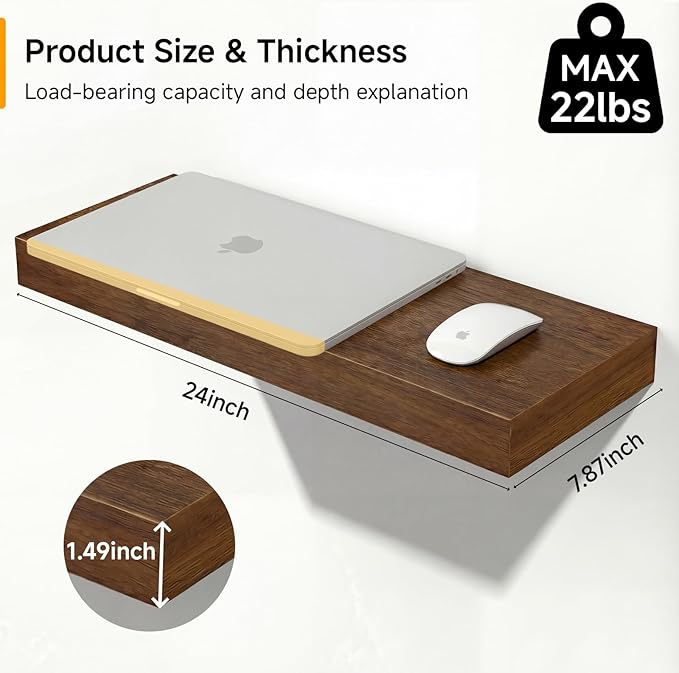 INHABIT UNION Walnut Floating Shelves for Wall, 24 in Wall Mounted Shelves Perfect for Bedroom, Bathroom, Living Room and Kit
