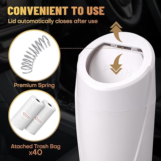 Car Trash Can Bin with Lid - 2 Packs Car Garbage Can Cup Holder - White Mini Leakproof Vehicle Trash Garbage Can Bin with 40pcs Trash Bags-Car Organizers and Storage for Front Back Seat Accessories