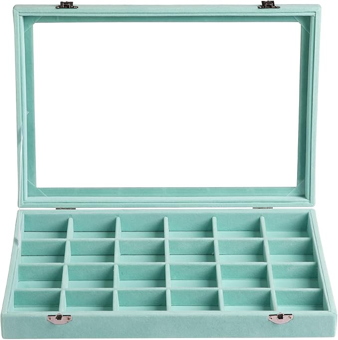 Frebeauty Velvet Jewelry Tray,35 Grid Jewelry Organizer with Clear Lid,Earring Holder Organizer Case with Clasp,Drawer Insert