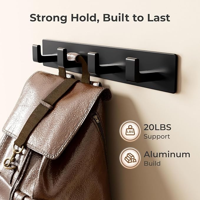 GWAAZXGZ Black Wall Mounted Coat Rack- 2 Modular Rails (25'' Total), 8 Right-Angle Hooks, Modern Organizer for Entryway, Bath