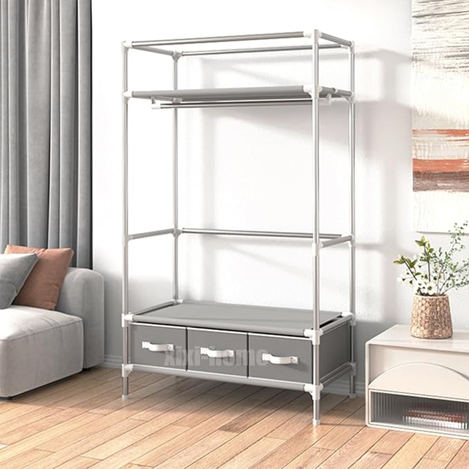 Portable Wardrobe Closet,Foldable Clothes Organizer with 3 Storage Box 35in Simple Non-Woven Fabric Wardrobe Multi-Functional