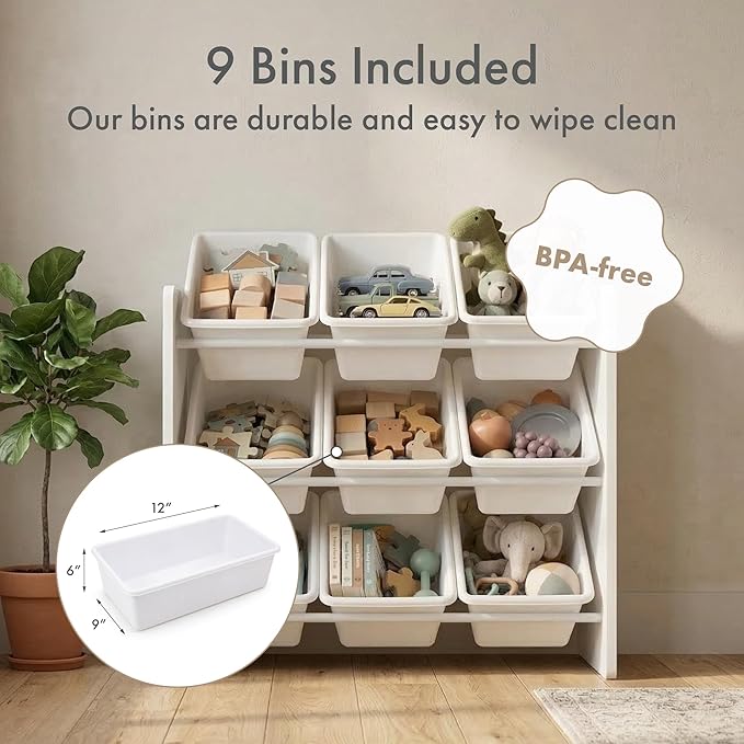 Humble Crew 9-Bin Toy Organizer – Cambridge White Plastic Bins, 3-Tier Storage Solution for Kids' Playrooms and Nurseries