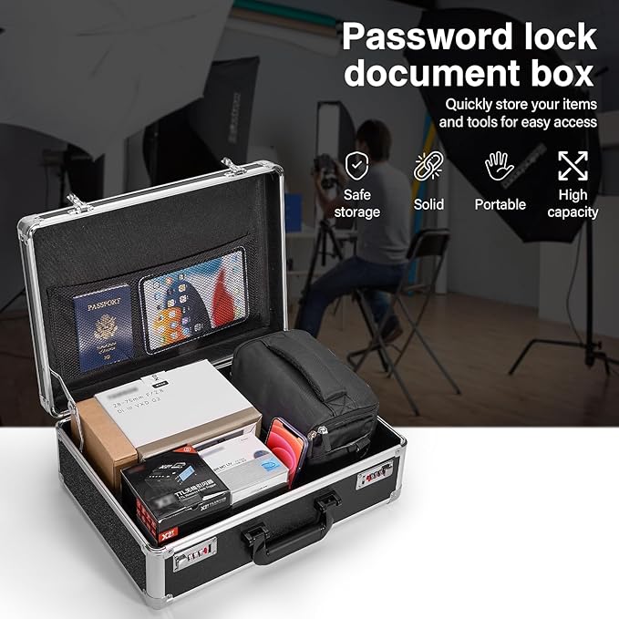 LOCKCURX File Organizer Storage Box - 16.9 x 12.2 x 6.3 Inch Large, Portable Locking Storage Totes with Dual Combination Lock