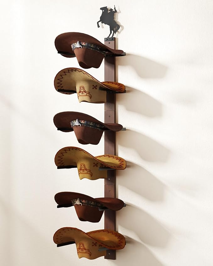Cowboy Hat Rack for Wall – 3-Piece Wooden & Metal Western Hat Holder, Rustic Rider Sign Decor, Holds up to 6 Hats, Wall Mount