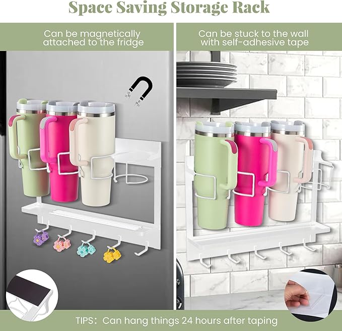 CINPIUK Water Bottle Organizer Holder, Magnetic Mug Hook Storage for Stanley & Large Tumbler, Space Saving Wall Mount Mug Org