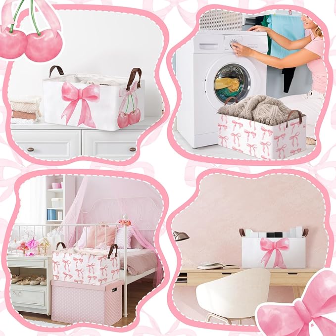 Boao 3 Pcs Coquette Pink Bow Storage Bin Collapsible Large Storage Baskets for Gifts Empty Candy Holiday Decor Canvas Laundry