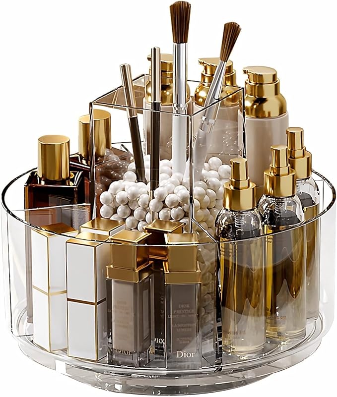 Taiuloo 360 Rotating Makeup Organizer, Lazy Susan Cosmetics Storage Turntable, Round Spinning Brush & Pen Holder, Clear Acryl
