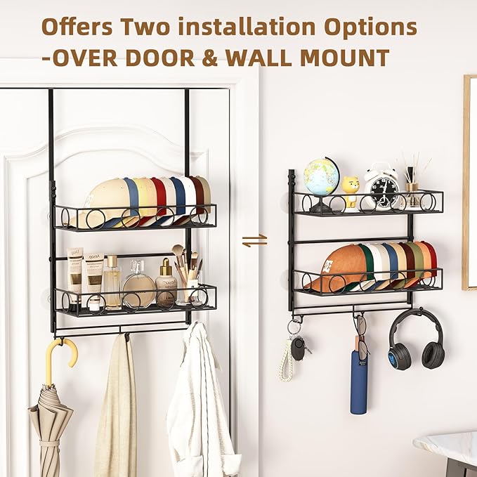 Over Door Hat Organizer 3 Tier Wall Mounted Hat Rack with 2 Adjustable Metal Basket and 3 Hooks Hat Organizer for Baseball ca
