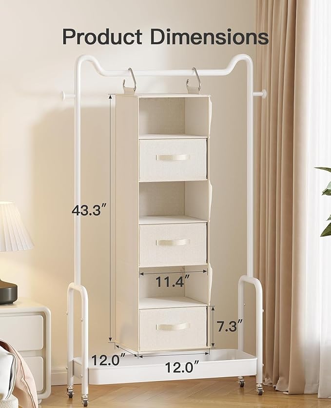 Pipishell Hanging Closet Organizer 6-Shelf, Hanging Shelves for Closet with 3 Removable Drawers & Side Pockets for Bedroom, G
