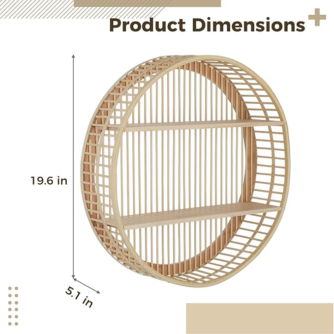 OMISTAR Rattan Wall Shelf, 3 Tier Round Wall Mounted Shelf, Handwoven Boho Floating Display Shelf, Farmhouse Hanging Storage 