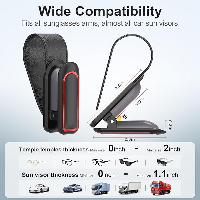 Veharvim Sunglass Holder for Car (2 Pack, One-Handed Operation, Gentle & Secure Hold, Silicone Padded, Universal Fits Sunglass and Car Visor) - Sunglasses Clip for Car Visor (Black & Red, 2 Pack)