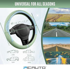 PIC AUTO Steering Wheel Cover, Light Blue Patterned & Green Leather Patchwork Design, Universal Fit 14.5"–15.5", Anti-Slip, O