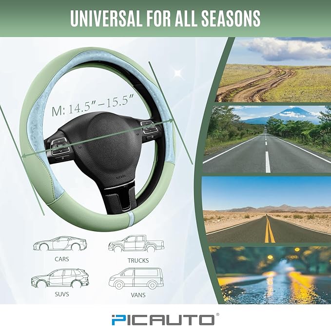 PIC AUTO Steering Wheel Cover, Light Blue Patterned & Green Leather Patchwork Design, Universal Fit 14.5"–15.5", Anti-Slip, O
