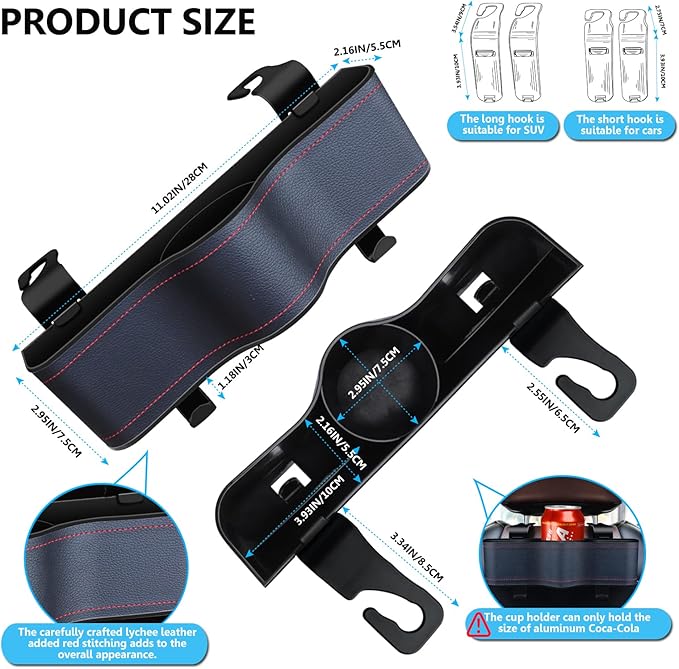 Backseat Car Organizer with Cup Holder, Premium Leather Backseat Car Organizer for Snacks, Canned Drinks, and Phone with Two Seat Hooks, Perfect for Travel - 2-Pack