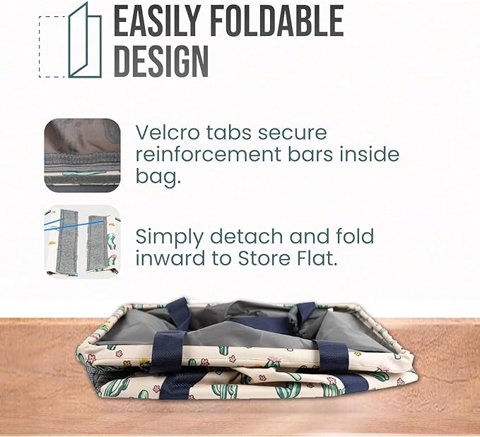 Extra Large Utility Tote Bag - Oversized Collapsible Tote with Wire Frame, Durable Reusable for Beach, Groceries, Laundry, Car Trunk, Storage and Travel - Includes 5x7 Bag with Hook - Cactus
