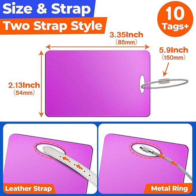 10 PCS Personalized Luggage Tags, Custom Engraved Aluminum Luggage Tags for Family, Metal Luggage Tags for Suitcases, Backpac