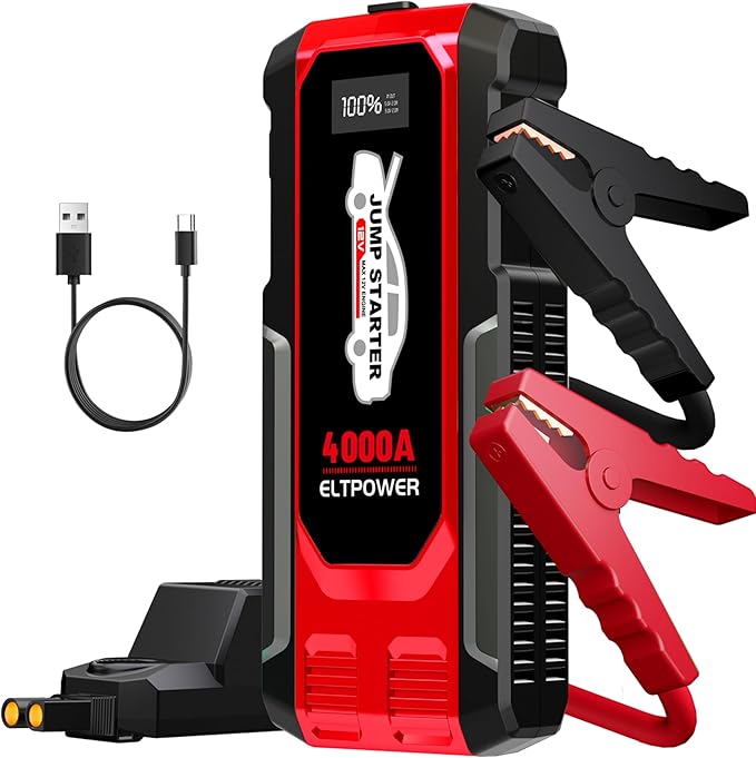 4000A Car Jump Starter Portable Jump Box Battery Booster Pack with Jumper Cables and LED Light Upto 8L Gas and 7L Diesel Engines