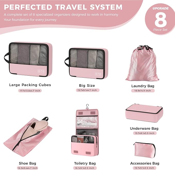 8-Piece Compression Packing Cubes for Travel, Stylish Luggage Organizer Set for Women, Space Saving Travel Essentials, Perfec