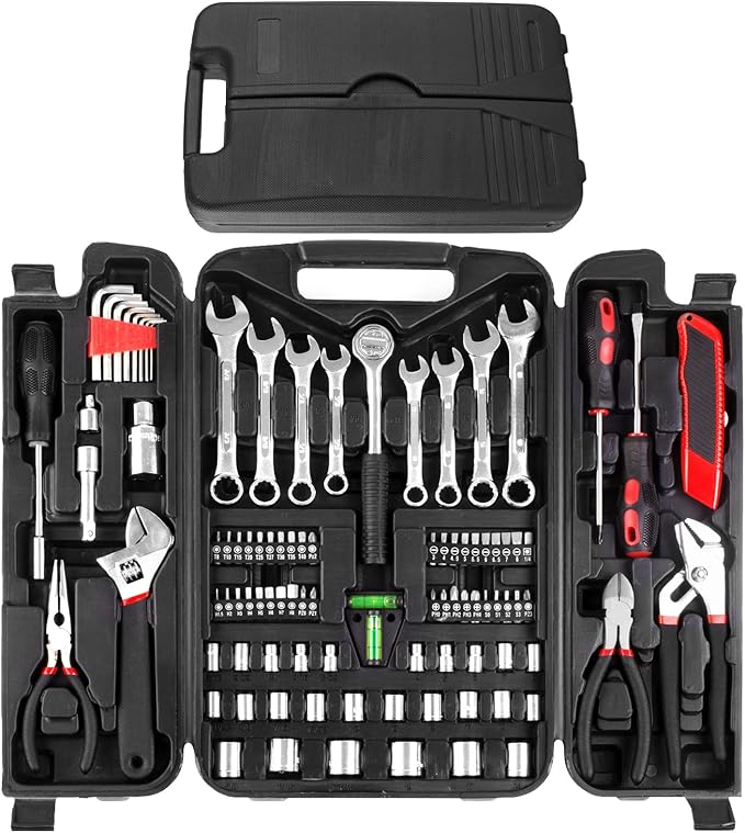 TLGREEN 95 Piece Tool Set, Tool Kit, Mechanics Tool Set, Portable Toolbox with Adjustable Wrench Pliers Socket Bits, with Pla