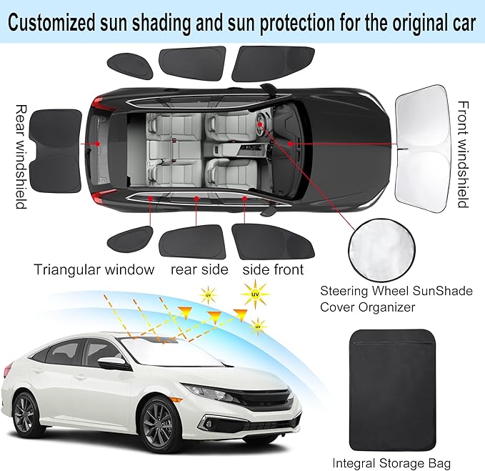 TINGLU Window Shades for Honda Civic 2016-2021 Accessories Car Side Full Windows Rear Triangular Windshield Sun Shade Sun UV Rays & Privacy Protection for Camping,Napping,and Relaxing 8PCS