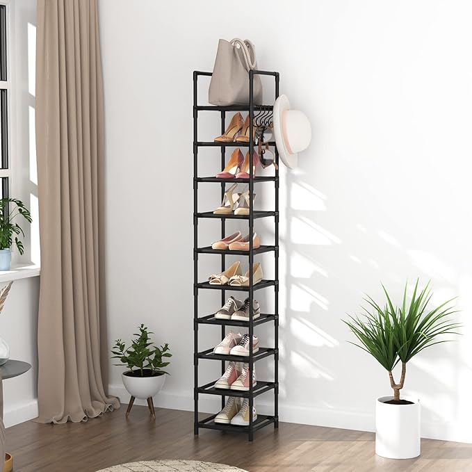 LANTEFUL Tall Narrow Shoe Rack for Entryway, 10-Tier Sturdy Metal Shoe Shelf Storage 10-15 Pairs of Shoes and Boots, Space Sa