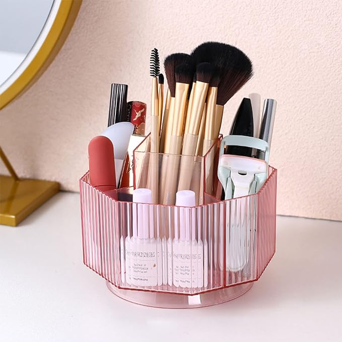 LINFIDITE 360°Rotating Makeup Brush Holder Cosmetic Display Case Clear Makeup Lip Gloss Organizer Case with 5 Slots Round Tur