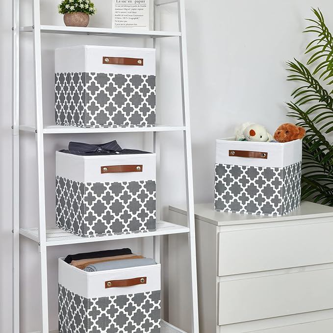 Temary 11x11x11 Cube Storage Bins Cube Organizer Bins 4 Pack Canvas Storage Bin for Home, Cube Storage Basket with Leather Ha