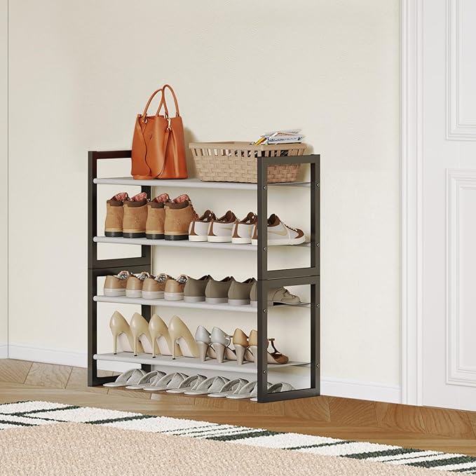 4-Tier Shoe Rack for Closet & Entryway, Stackable Shoe Organizer with Screw-Fastened Metal Frame, Less Wobble Design, Heel-Fr