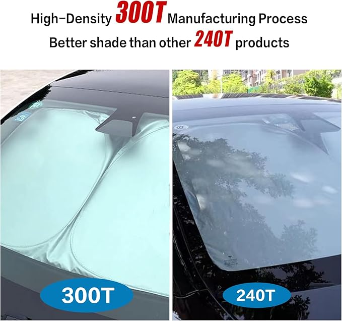 300T Sunshade for Tesla Model Y Model 3, Car Accessories 2026 for Tesla, Front Window Sunshade with Organizer Bag, Gifts for Tesla Owners