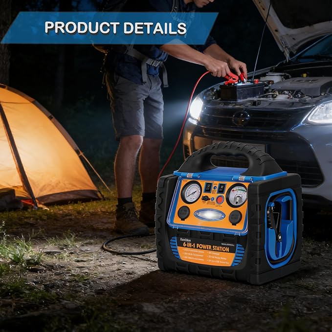 Car Jump Starter with Air Compressor, 2200A Battery Jumper Starter Portable with 260 PSI Tire Inflator, 12V Jump Box