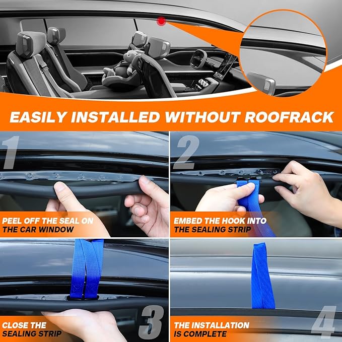 6 Rooftop Cargo Tie Down Hook Straps-Secure Any Car Roof Bag, Roof Rack Cargo Carrier,or Car Top Carrier,Durable and Solid, No Roof Rack Required, Compatible with Most Cars - Registered Patent (Blue)