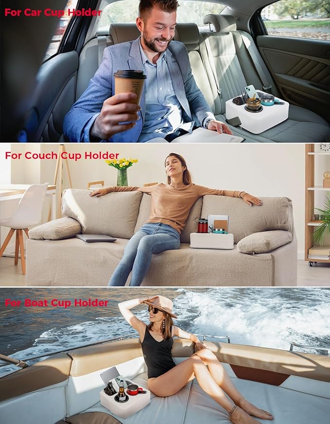 KEMIMOTO Back Seat Cup Holder for Car, Couch Cup Holder, Car Truck Boat Organizer, Couch Sofa Bed Expander Tray Holds Drinks, Snacks, Remote, Cell Mobile Phone (White)