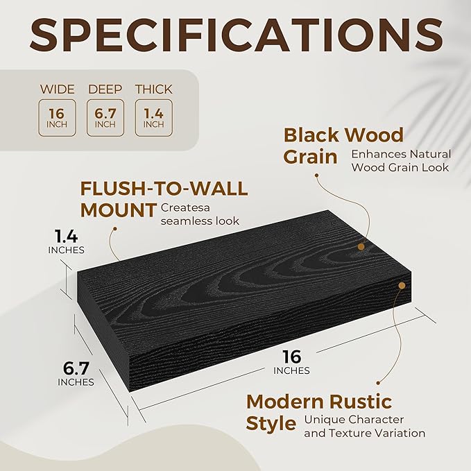 Dreamland 16 Inch Long Floating Shelves in Black,6.7 Inch Deep Floating Shelf for Wall,Large Display & Storage Shelf, Wall Sh
