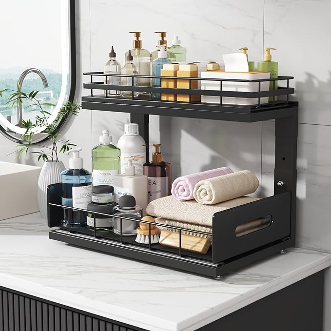 Under Sink Organizer Upgrade To Professional Rails,2-Tier Dual Pull Out Cabinet Storage,Height Adjustable Slide Out Drawers F