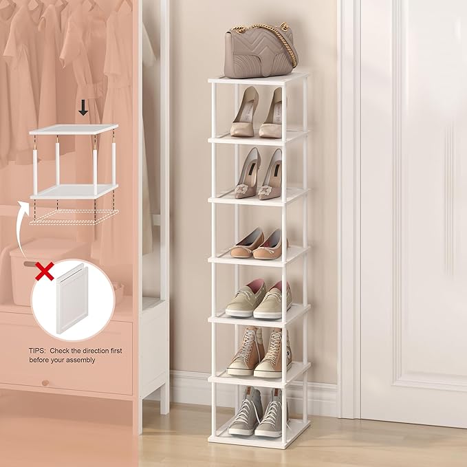 Vertical Tall Shoe Rack Organizer for Entryway -7 Tier Free Standing Slim Narrow Bamboo Wood Corner Stackable Shoe Boots Stor