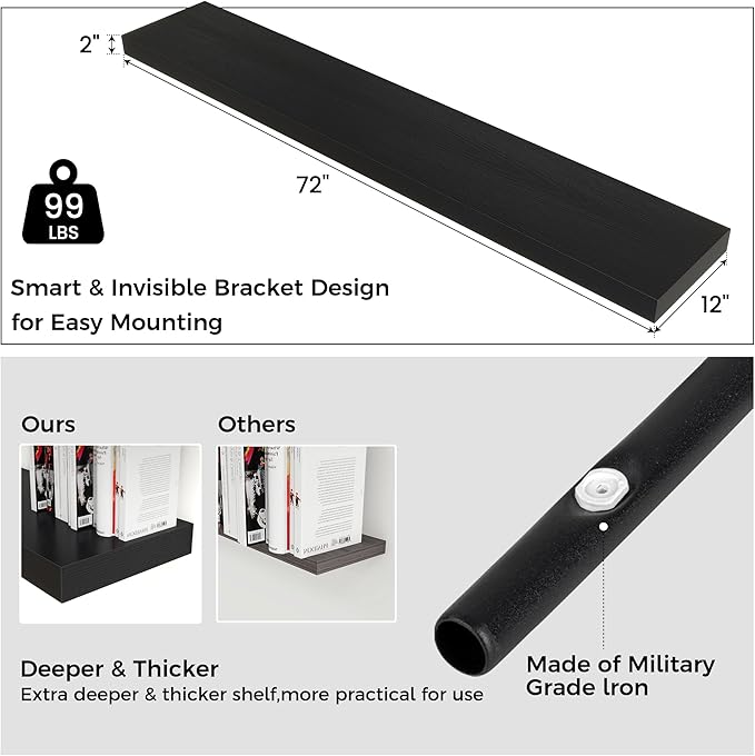Floating Shelves for Wall, 72 Inch Wide x 12 Inch Deep Floating Shelves, Long Wood Floating Wall Shelf Shelves for Living Roo