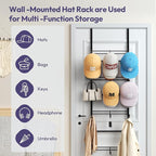 SWTYMIKI Over Door Hat Organizer - 4 Tier Metal Adjustable Wall Mounted Hat Rack with 12 Hooks Design, Hanging Baseball Cap O