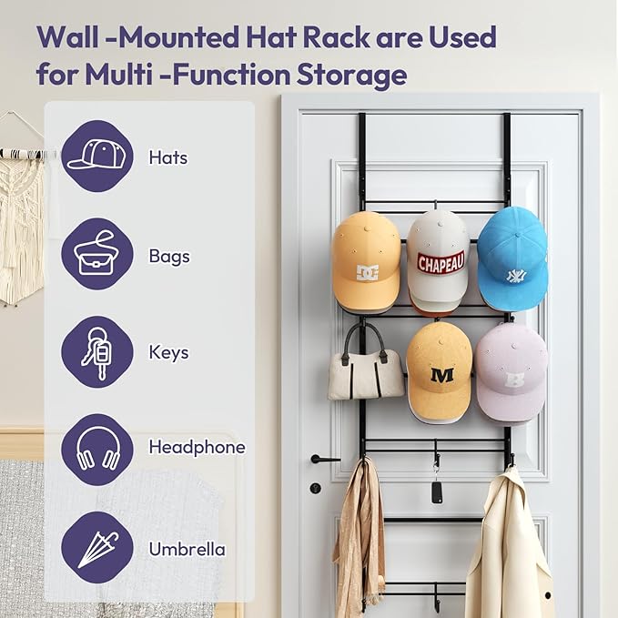SWTYMIKI Over Door Hat Organizer - 4 Tier Metal Adjustable Wall Mounted Hat Rack with 12 Hooks Design, Hanging Baseball Cap O