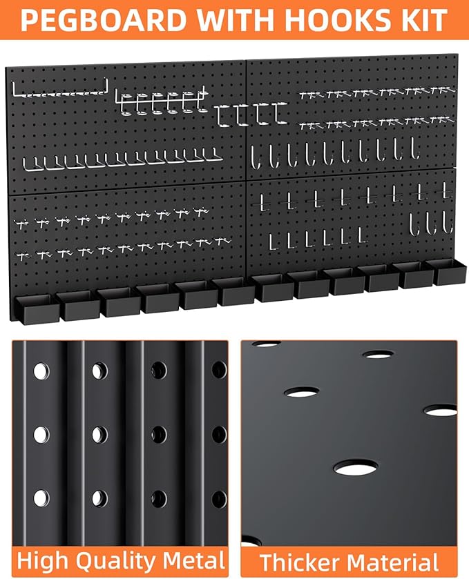 INCLY 158PCS Metal Pegboard Wall Organizer, 48x24 Inch Black Pegboard Panels Tool Organizer Kit with Accessories Hooks and Bi