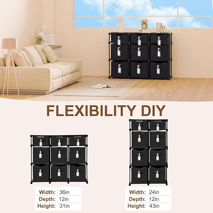 9 Cube Storage Organizer Shelf with Storage Bins and Label, 11 Inch Toy Cube Bins Clothes Closet Organizers Drawers Fabric Dr
