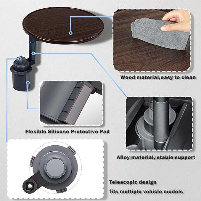 Car Tray for Eating & Laptop Desk - 360° Rotation Birch Wood Cup Holder/Steering Wheel Tray - Portable in-Car Dining & Work Desk, Universal Fit for Most Vehicles