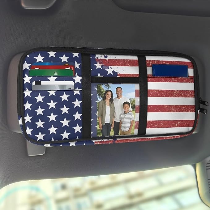 American Flag Car Sun Visor Organizer,Multi-Pocket Visor Organizer Storage Pouch with Double Zippers Document Holder for Insurance, Pen, Chapstick