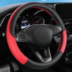 Leather Patchwork Black Red Steering Wheel Cover, 14.5-15 Inch Non-Slip Breathable Microfiber Car Steering Wheel Protector
