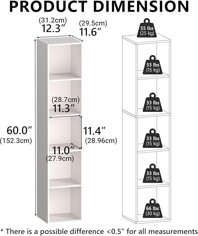 Cube Bookshelf, 5 Cube Storage Organizer, Freestanding 5 Tier Open Display Shelf with Eco-Friendly Melamine Surface for Home 