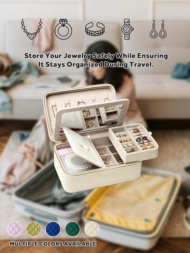 Velvet Travel Jewelry Box with Large Mirror, Double-Layer Jewelry Organizer Case for Women and Girls, Portable Storage Case w