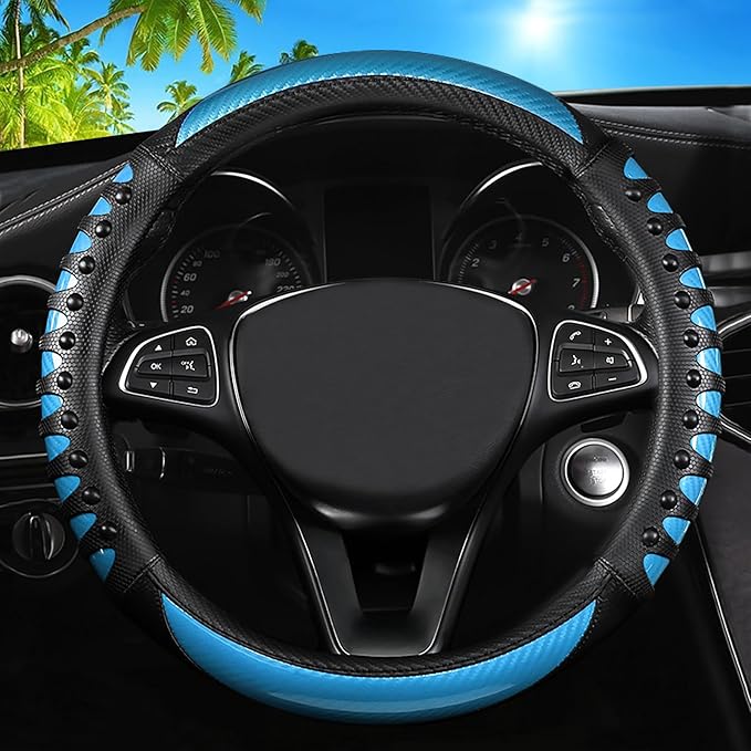 Car Leather Steering Wheel Cover - Carbon Fibre Material, Universal 14.5-15 Inch Leather Anti-Slip Breathable Auto Steering W