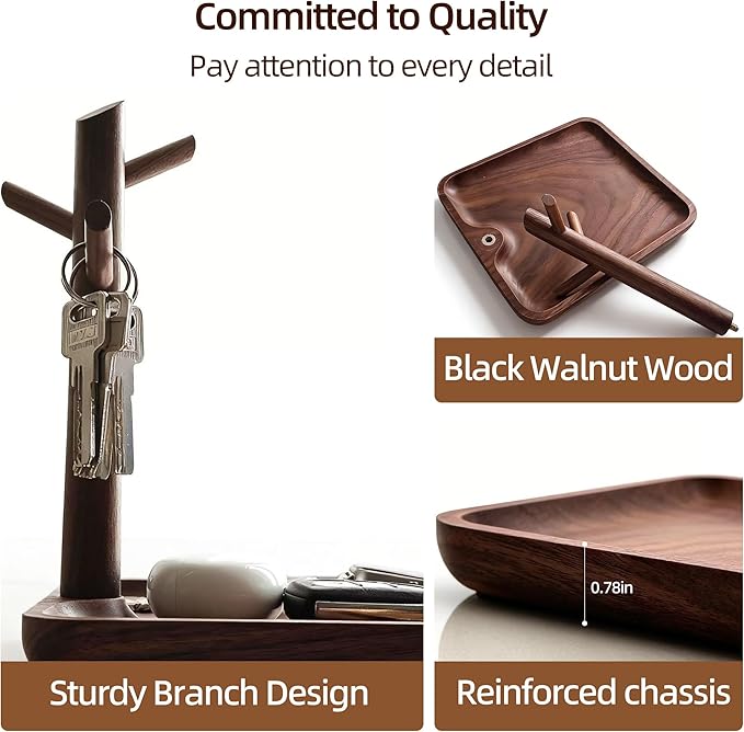 Solid Black Walnut Wooden Key Tray, Multi-Functional Key Bowl for Entryway Table, Key Holder Stand equipped with 3 Hooks, Woo