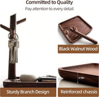 Solid Black Walnut Wooden Key Tray, Multi-Functional Key Bowl for Entryway Table, Key Holder Stand equipped with 3 Hooks, Woo