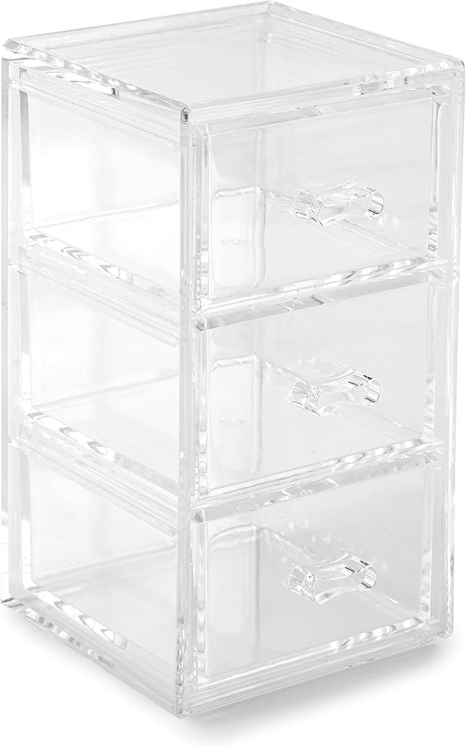 Huang Acrylic Clear Stackable Upright 3-Drawer Organizer, Makeup Jewelry Accessories Cosmetic Countertop Storage Display 3.5 